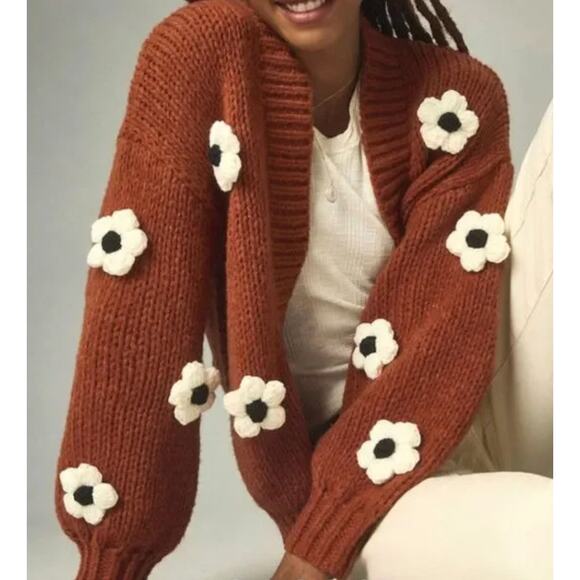 Maeve daisy brown oversized chunky knit novelty 3d flowers cardigan One size - Picture 1 of 5